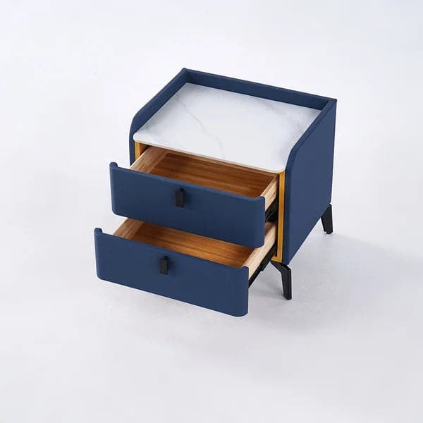 Modern Nightstand with 2 Drawers Bedroom Nightstand in Deep Blue Faux Marble Top