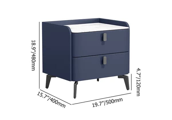 Modern Nightstand with 2 Drawers Bedroom Nightstand in Deep Blue Faux Marble Top