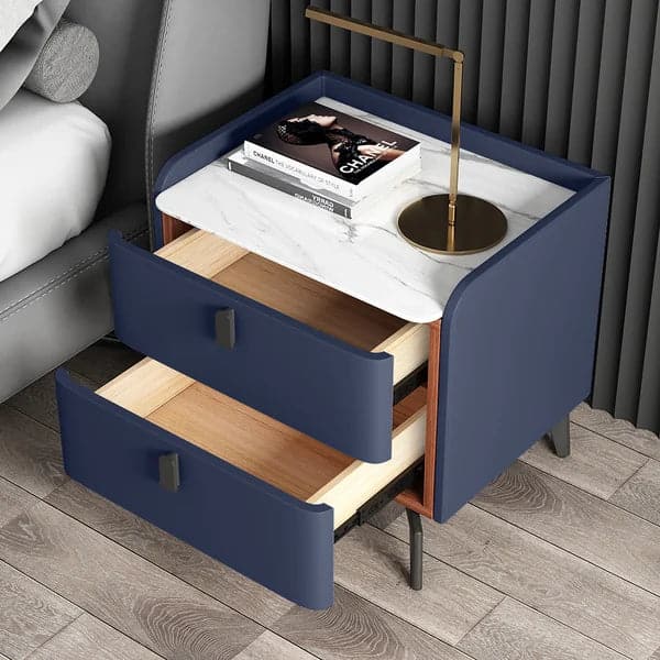 Modern Nightstand with 2 Drawers Bedroom Nightstand in Deep Blue Faux Marble Top