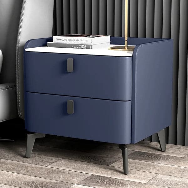 Modern Nightstand with 2 Drawers Bedroom Nightstand in Deep Blue Faux Marble Top