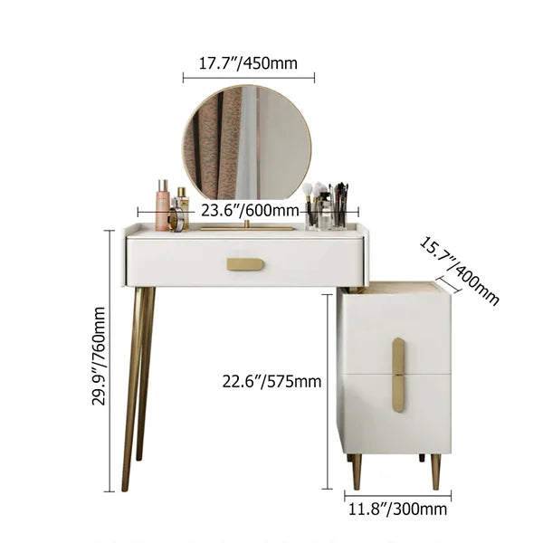 Coiffeuse de maquillage moderne blanc cassé avec miroir et table d'appoint