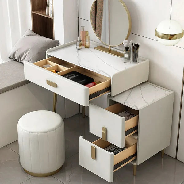 Coiffeuse de maquillage moderne blanc cassé avec miroir et table d'appoint