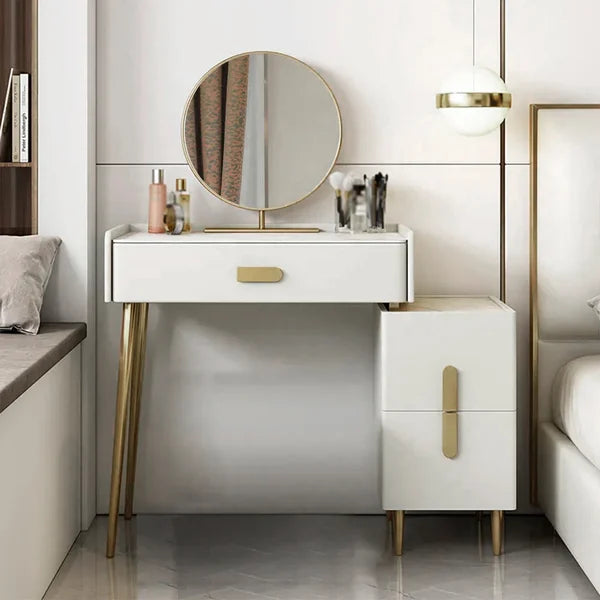 Coiffeuse de maquillage moderne blanc cassé avec miroir et table d'appoint