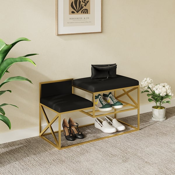 Modern PU Leather Upholstered Entryway Bench Black with Gold Legs