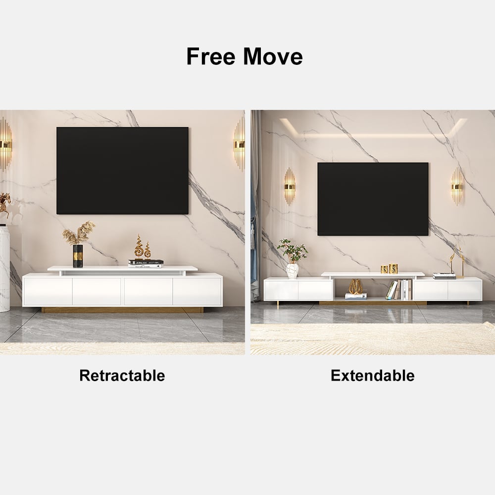 Modern Rectangle Glossy White Extendable TV Stand Storage for 65 to 85 inch TV