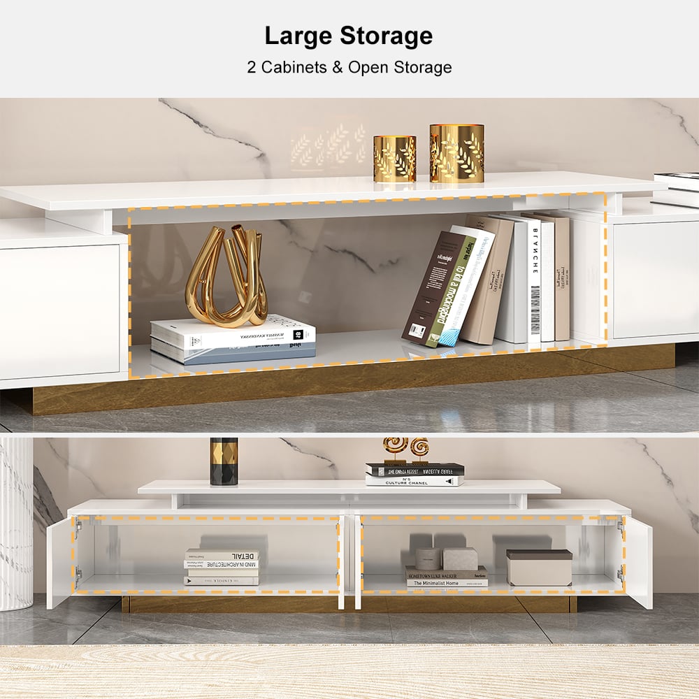 Modern Rectangle Glossy White Extendable TV Stand Storage for 65 to 85 inch TV