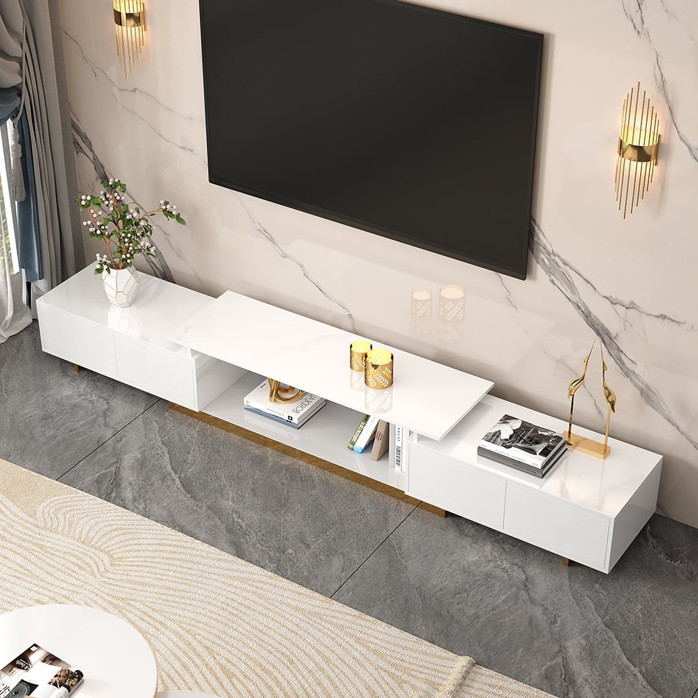 Modern Rectangle Glossy White Extendable TV Stand Storage for 65 to 85 inch TV