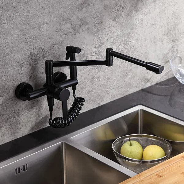 Modern Retractable Wall-mounted Pot Filler Matte Black Kitchen Faucet with Spray