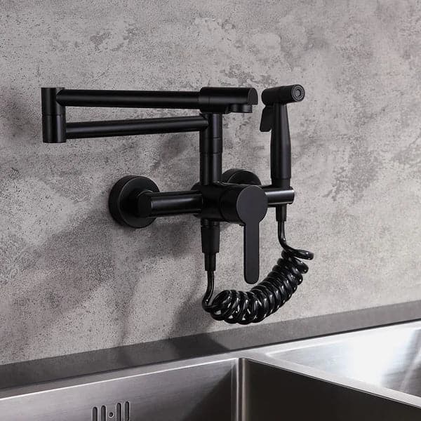 Modern Retractable Wall-mounted Pot Filler Matte Black Kitchen Faucet with Spray