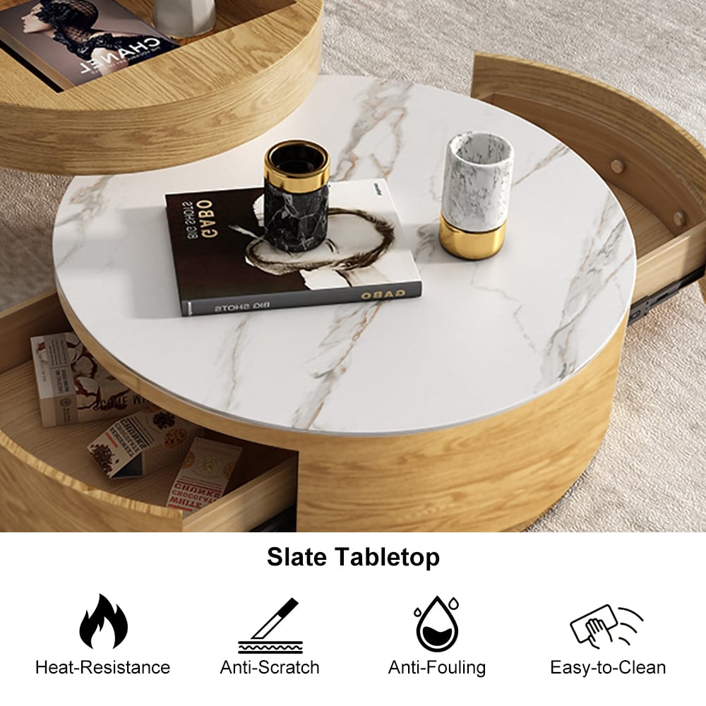 Modern Round Coffee Table with Storage Lift-Top Wood & Stone Coffee Table with 2 Drawers