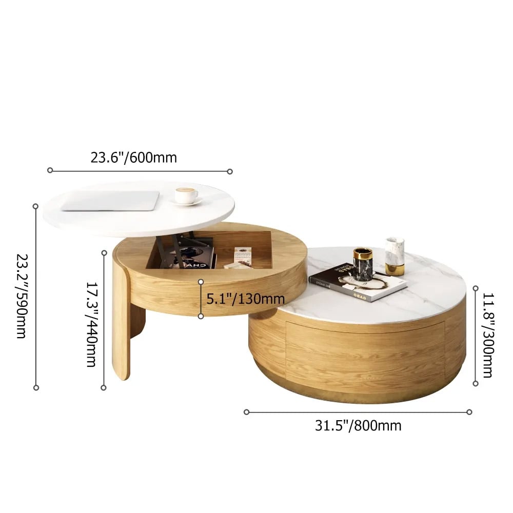 Modern Round Coffee Table with Storage Lift-Top Wood & Stone Coffee Table with 2 Drawers