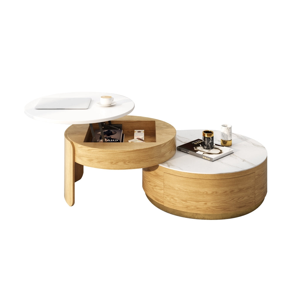 Modern Round Coffee Table with Storage Lift-Top Wood & Stone Coffee Table with 2 Drawers