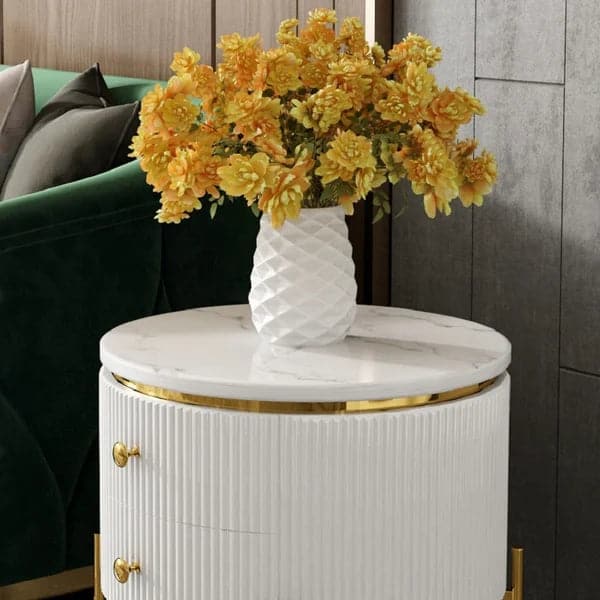 Modern Round End Table With Storage Drawers White Faux Marble Side Table Gold Legs