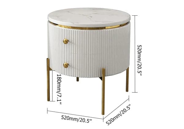 Modern Round End Table With Storage Drawers White Faux Marble Side Table Gold Legs