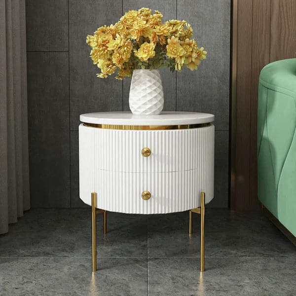 Modern Round End Table With Storage Drawers White Faux Marble Side Table Gold Legs