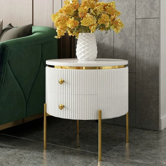 Modern Round End Table With Storage Drawers White Faux Marble Side Table Gold Legs