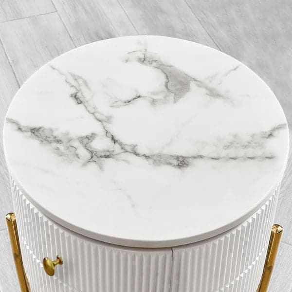 Modern Round End Table With Storage Drawers White Faux Marble Side Table Gold Legs