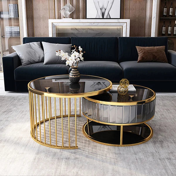 Modern Round Gold & Black Nesting Coffee Table with Shelf Tempered Glass Top 2 Piece Set