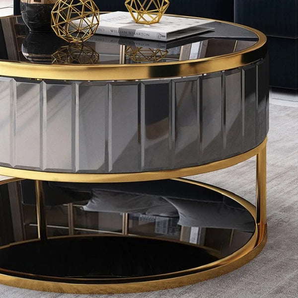 Modern Round Gold & Black Nesting Coffee Table with Shelf Tempered Glass Top 2 Piece Set