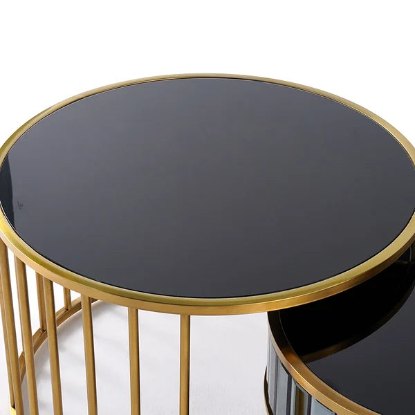 Table basse gigogne ronde moderne dorée et noire avec étagère et plateau en verre trempé, ensemble de 2 pièces