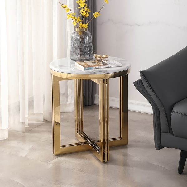 Table d'appoint ronde moderne avec plateau en marbre, blanc et or