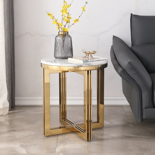 Table d'appoint ronde moderne avec plateau en marbre, blanc et or