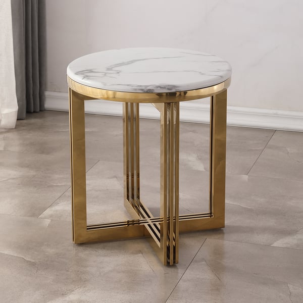 Table d'appoint ronde moderne avec plateau en marbre, blanc et or