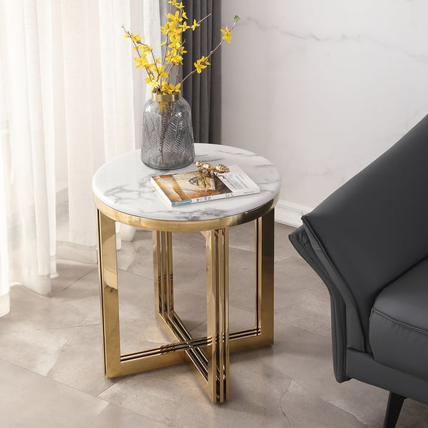 Table d'appoint ronde moderne avec plateau en marbre, blanc et or