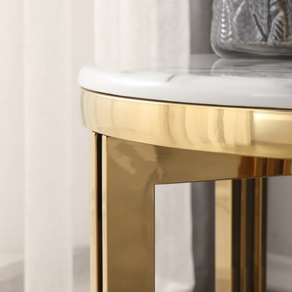 Modern Round Marble-top End Table Side Table in White & Gold