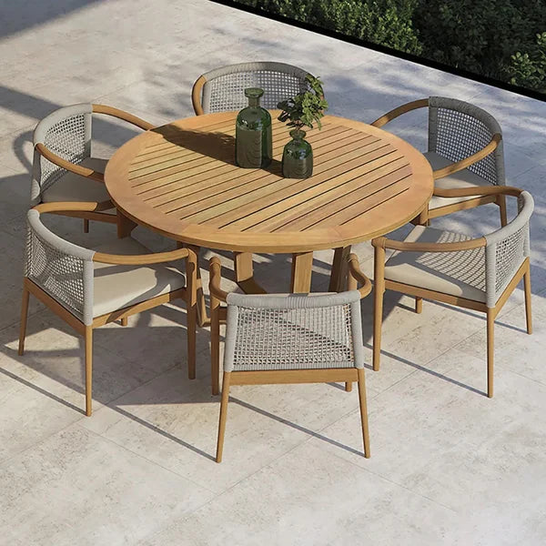 Table de salle à manger d'extérieur ronde moderne en bois de teck pour 6 personnes, naturel