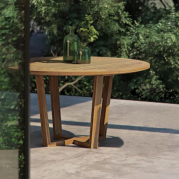 Table de salle à manger d'extérieur ronde moderne en bois de teck pour 6 personnes, naturel