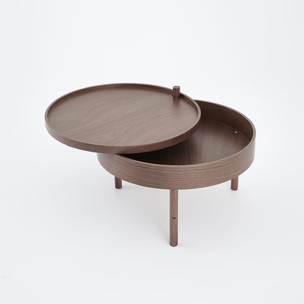 Modern Round Wood Rotating Tray Coffee Table with Storage & Metal Legs in Walnut