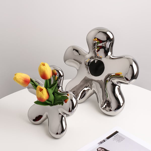 Modern Silver Ceramic Flower Shape Table Vase Home Decorative Object Art for Living Room