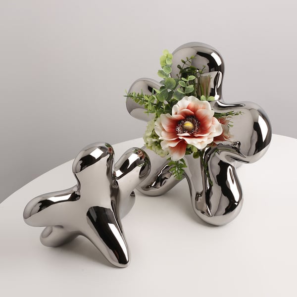 Modern Silver Ceramic Flower Shape Table Vase Home Decorative Object Art for Living Room