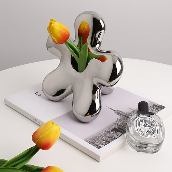 Modern Silver Ceramic Flower Shape Table Vase Home Decorative Object Art for Living Room