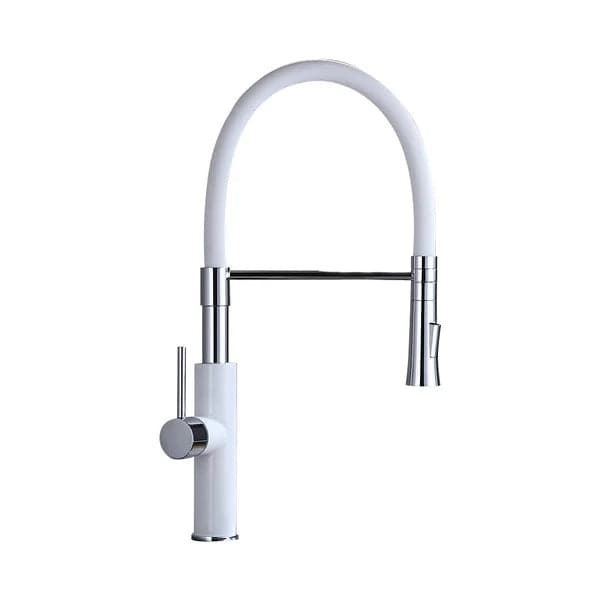 Modern Sleek White & Chrome Pull-Down Spray Kitchen Faucet Single Handle Solid Brass