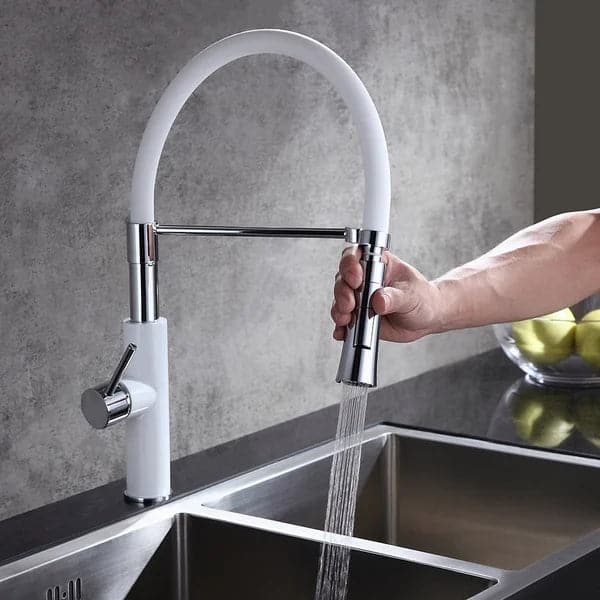 Modern Sleek White & Chrome Pull-Down Spray Kitchen Faucet Single Handle Solid Brass