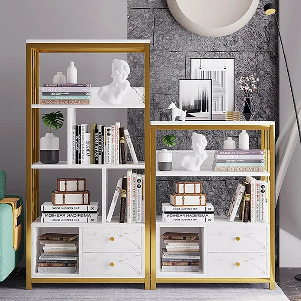 Petite étagère moderne en métal avec 2 tiroirs en blanc et or