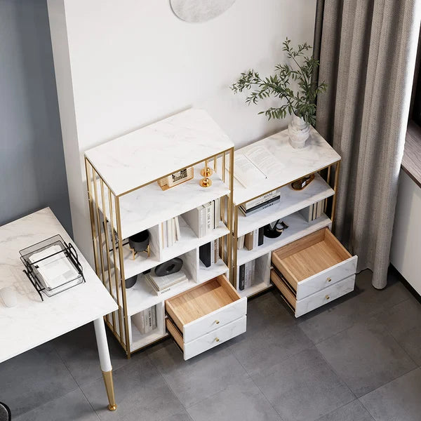 Petite étagère moderne en métal avec 2 tiroirs en blanc et or