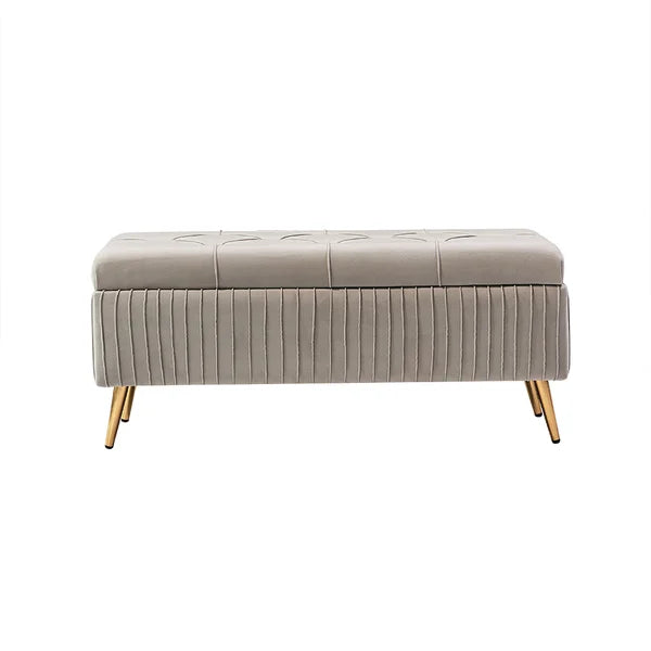 Banc de rangement moderne en velours gris avec pieds dorés