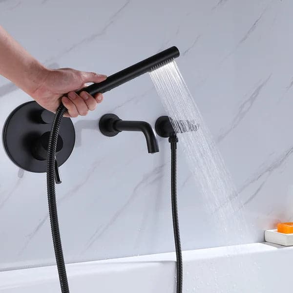 Modern Wall-Mount Matte Black Bathtub Filler Faucet with Handshower Solid Brass