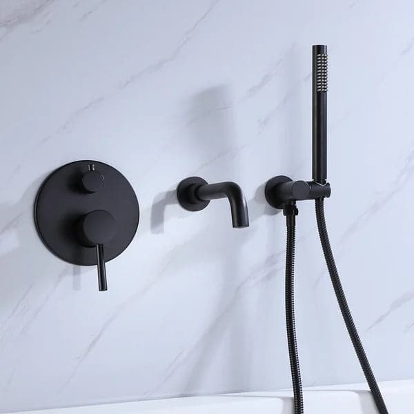 Modern Wall-Mount Matte Black Bathtub Filler Faucet with Handshower Solid Brass