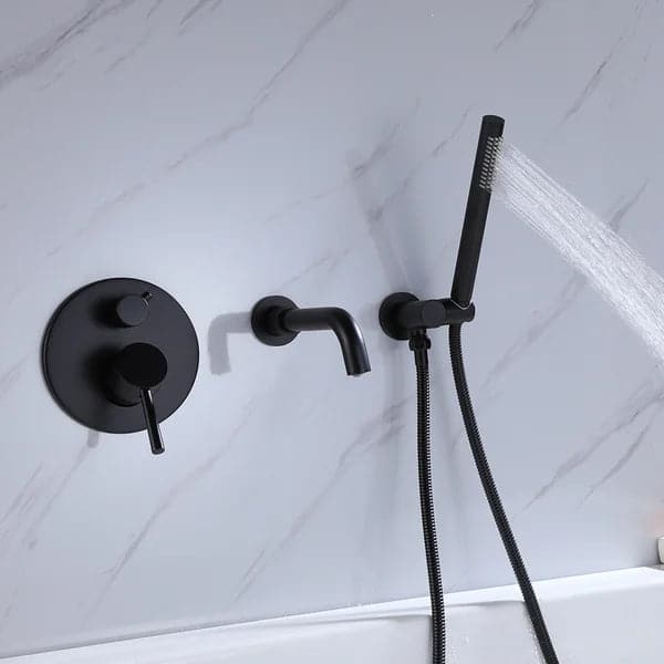 Modern Wall-Mount Matte Black Bathtub Filler Faucet with Handshower Solid Brass