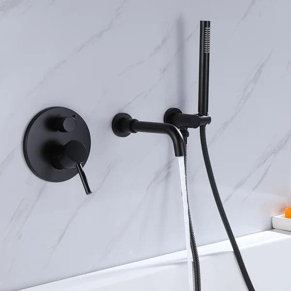 Modern Wall-Mount Matte Black Bathtub Filler Faucet with Handshower Solid Brass