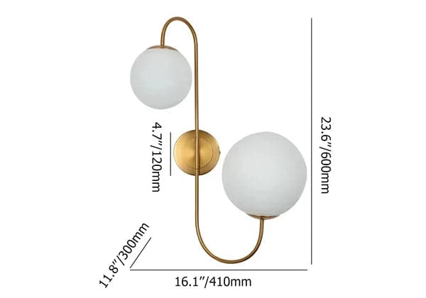 Modern Wall Sconce White Globe Glass Shade 2-Light Wall Lamp in Aged Brass