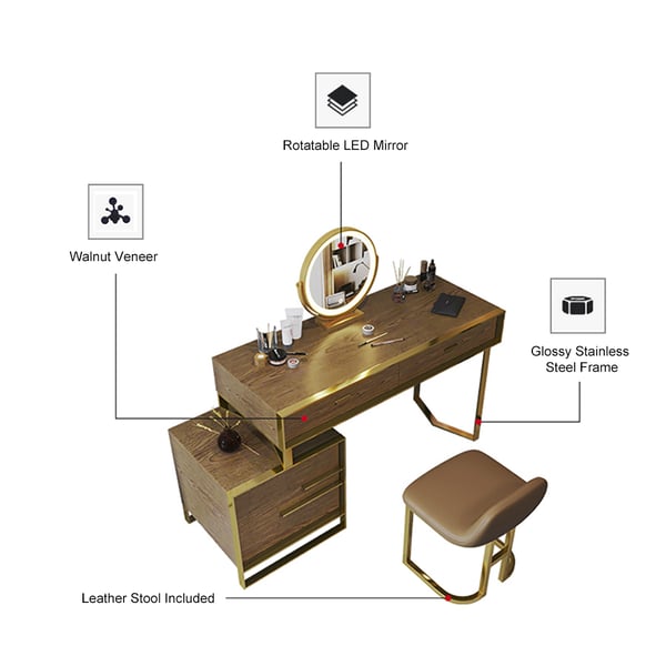 Modern Walnut Makeup Vanity Set with Drawers & Cabinet Dressing Table Mirror & Stool