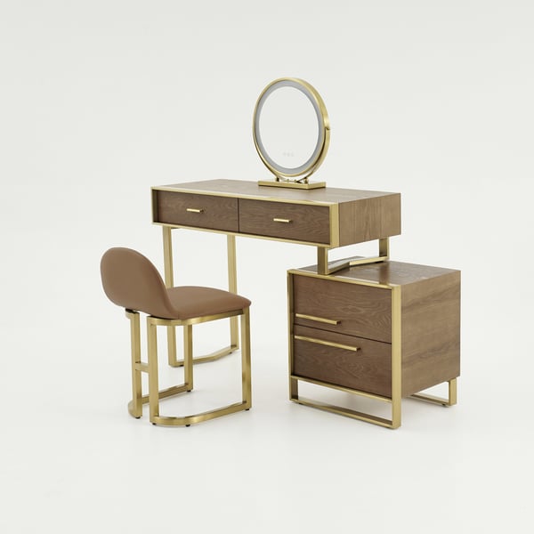 Ensemble de vanité de maquillage moderne en noyer avec tiroirs et armoire, coiffeuse, miroir et tabouret