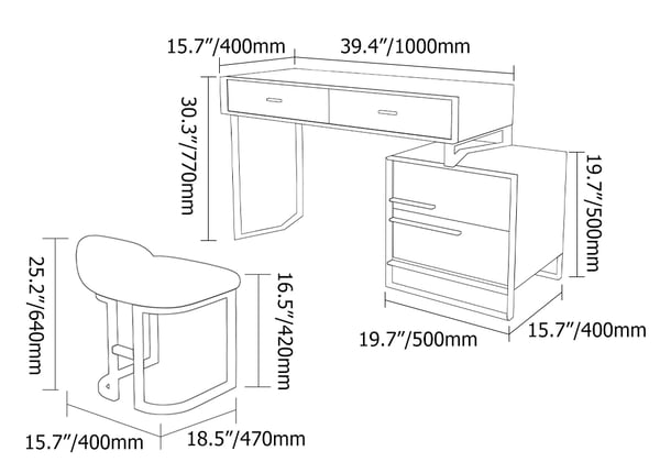 Modern Walnut Makeup Vanity Set with Drawers & Cabinet Dressing Table Mirror & Stool