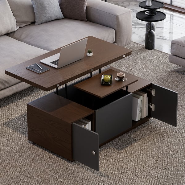 Modern Walnut Multi-functional Rectangle Lift-top Coffee Table Extendable with Storage