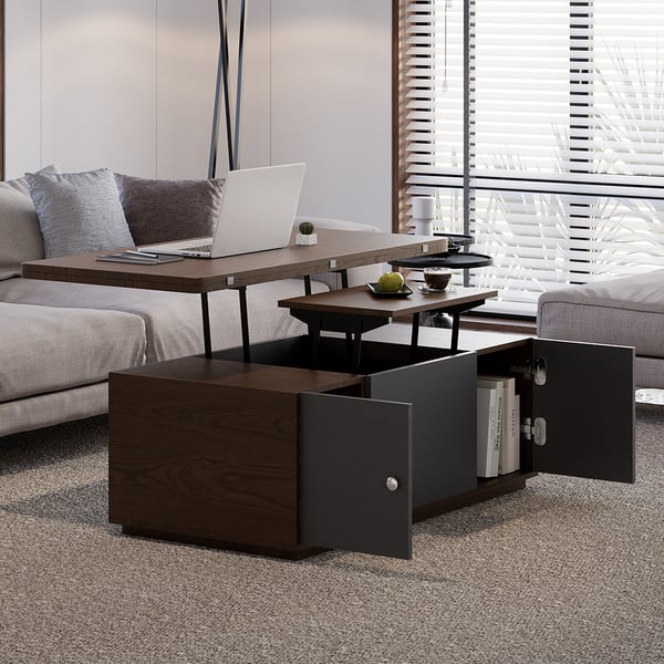 Modern Walnut Multi-functional Rectangle Lift-top Coffee Table Extendable with Storage